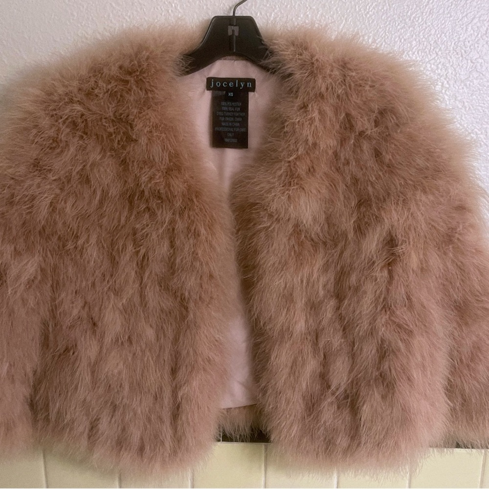 New Jocelyn REAL FUR Bolero Cropped Feather Jacket in Mauve Pink Sz XS